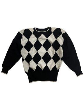 VTG 80s Black White Diamond Pattern LizSport Sweater Shoulder Pads Size Large